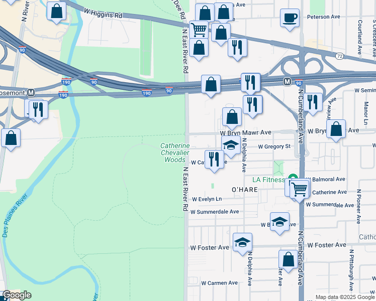 map of restaurants, bars, coffee shops, grocery stores, and more near 5515 North East River Road in Chicago