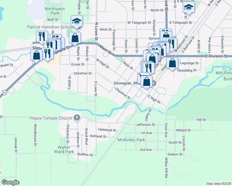 map of restaurants, bars, coffee shops, grocery stores, and more near 410 New York Avenue in Dowagiac