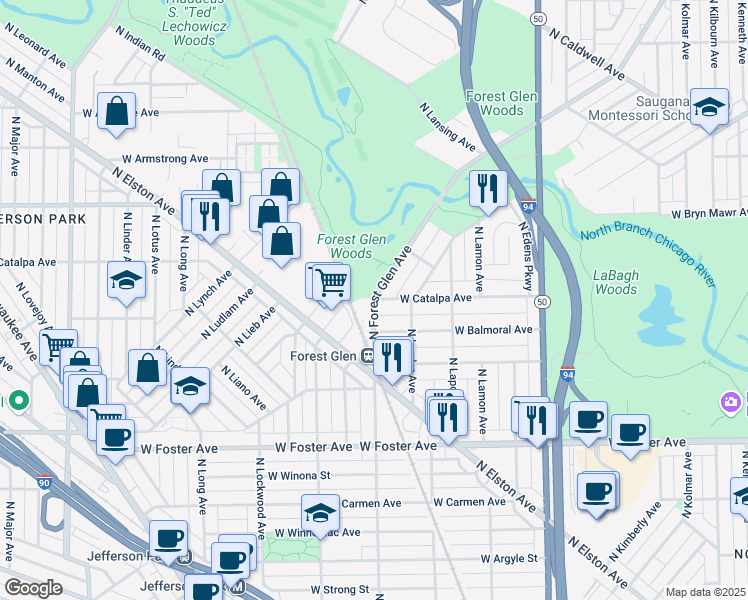 map of restaurants, bars, coffee shops, grocery stores, and more near North Forest Glen Avenue & West Catalpa Avenue in Chicago