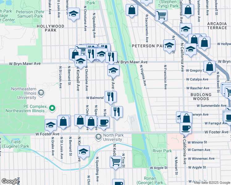 map of restaurants, bars, coffee shops, grocery stores, and more near 5501 North Kedzie Avenue in Chicago