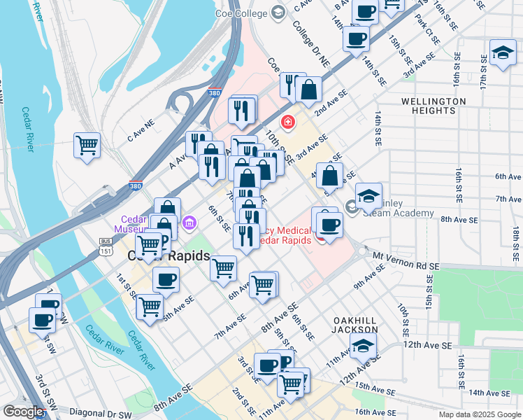 map of restaurants, bars, coffee shops, grocery stores, and more near 722 4th Avenue Southeast in Cedar Rapids