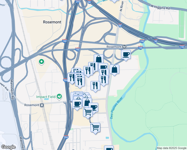 map of restaurants, bars, coffee shops, grocery stores, and more near 9525 West Bryn Mawr Avenue in Rosemont
