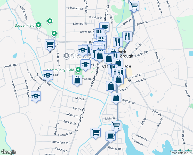 map of restaurants, bars, coffee shops, grocery stores, and more near 46 South Washington Street in North Attleborough
