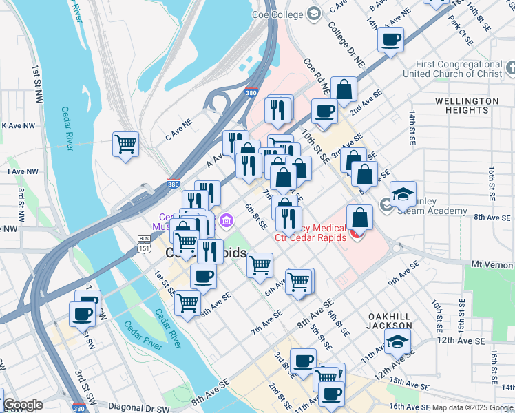 map of restaurants, bars, coffee shops, grocery stores, and more near in Cedar Rapids