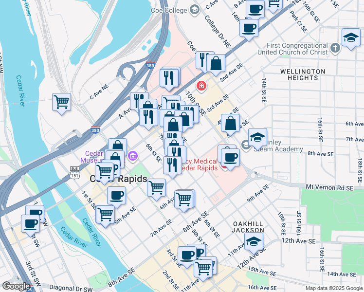 map of restaurants, bars, coffee shops, grocery stores, and more near in Cedar Rapids