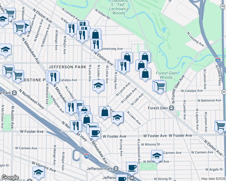 map of restaurants, bars, coffee shops, grocery stores, and more near 5437 North Long Avenue in Chicago