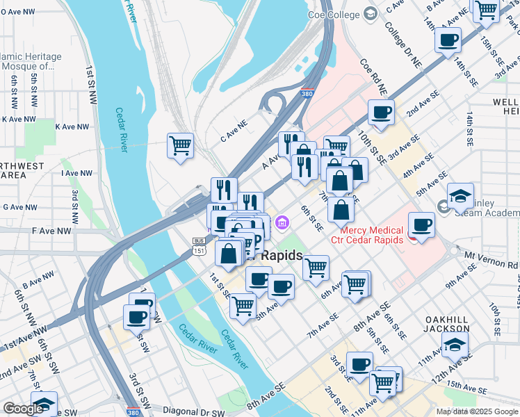 map of restaurants, bars, coffee shops, grocery stores, and more near 427 U.S. 151 Business in Cedar Rapids