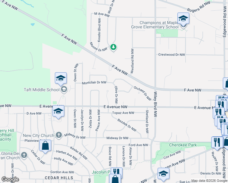 map of restaurants, bars, coffee shops, grocery stores, and more near 711 Olive Drive Northwest in Cedar Rapids
