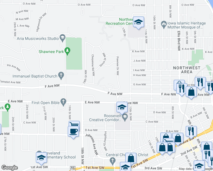 map of restaurants, bars, coffee shops, grocery stores, and more near 1530 Seminole Avenue Northwest in Cedar Rapids