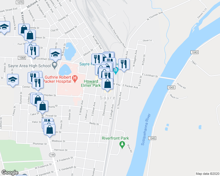 map of restaurants, bars, coffee shops, grocery stores, and more near 225 Desmond Street in Sayre