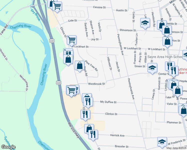 map of restaurants, bars, coffee shops, grocery stores, and more near 128-136 Pine Tree Road in Sayre