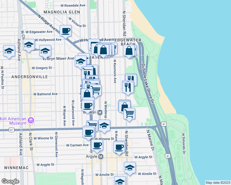 map of restaurants, bars, coffee shops, grocery stores, and more near N Kenmore Ave & W Balmoral Ave in Chicago