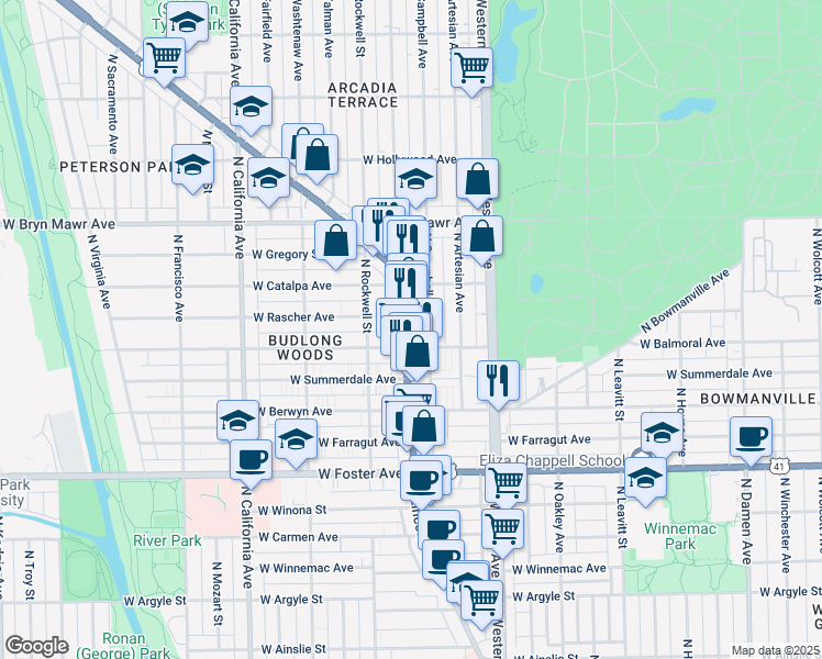 map of restaurants, bars, coffee shops, grocery stores, and more near 5434 North Lincoln Avenue in Chicago