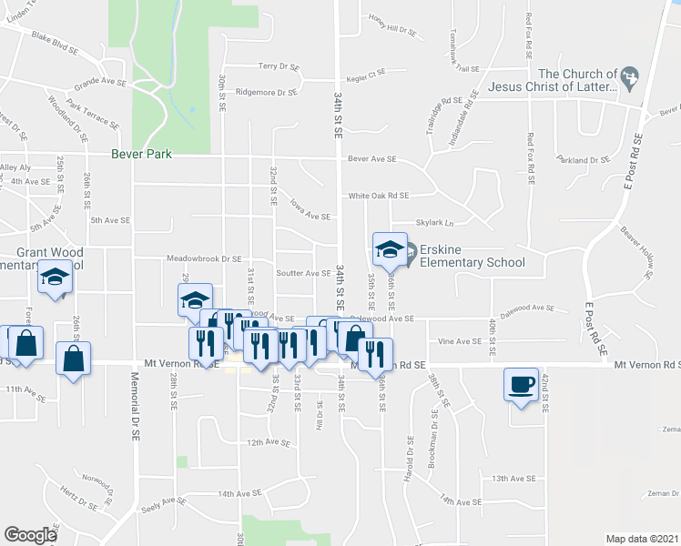 map of restaurants, bars, coffee shops, grocery stores, and more near Soutter Avenue Southeast in Cedar Rapids