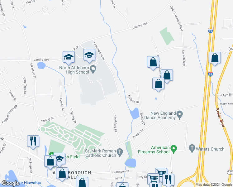 map of restaurants, bars, coffee shops, grocery stores, and more near 107 Laurelwood Drive in North Attleborough