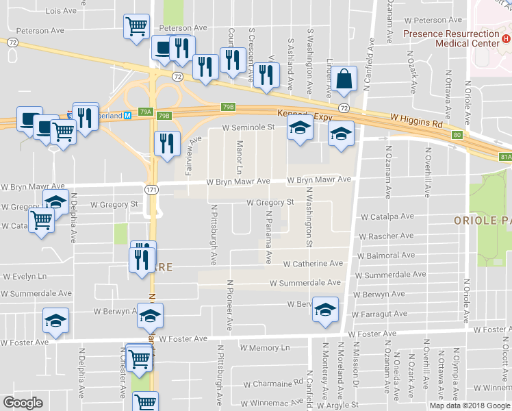 map of restaurants, bars, coffee shops, grocery stores, and more near 5525 Paris Ave in Chicago