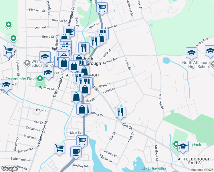 map of restaurants, bars, coffee shops, grocery stores, and more near 28 Grant Street in North Attleborough