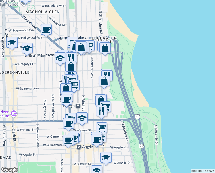 map of restaurants, bars, coffee shops, grocery stores, and more near 5419 North Sheridan Road in Chicago