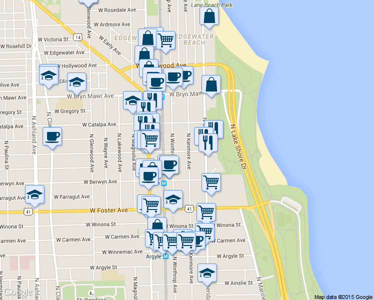 map of restaurants, bars, coffee shops, grocery stores, and more near 5410 North Kenmore Avenue in Chicago