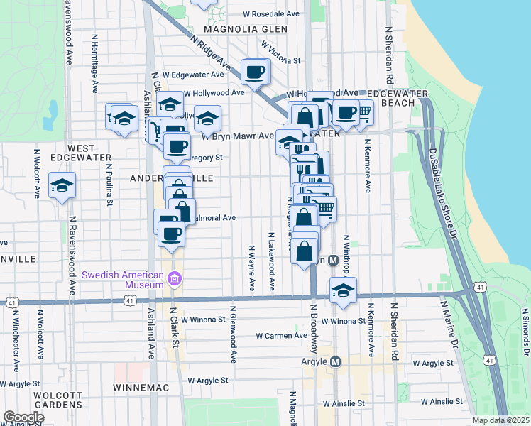 map of restaurants, bars, coffee shops, grocery stores, and more near 5414 North Lakewood Avenue in Chicago