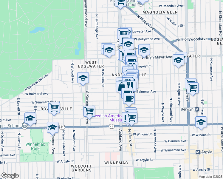 map of restaurants, bars, coffee shops, grocery stores, and more near 1617 West Rascher Avenue in Chicago