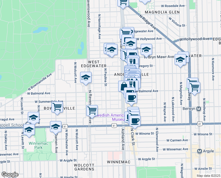 map of restaurants, bars, coffee shops, grocery stores, and more near 5425 North Paulina Street in Chicago