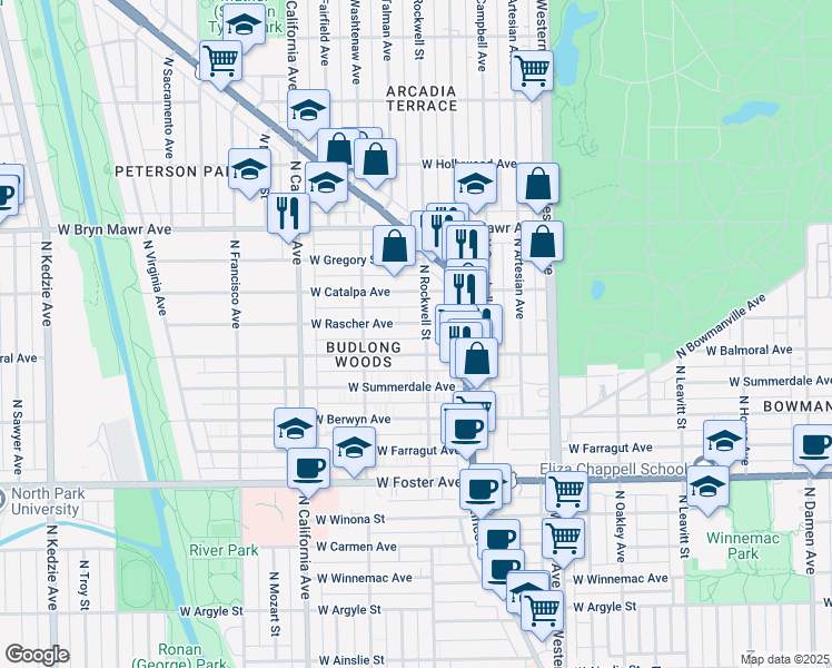 map of restaurants, bars, coffee shops, grocery stores, and more near 2600 West Rascher Avenue in Chicago
