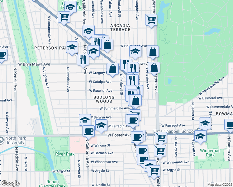map of restaurants, bars, coffee shops, grocery stores, and more near 2600 West Rascher Avenue in Chicago