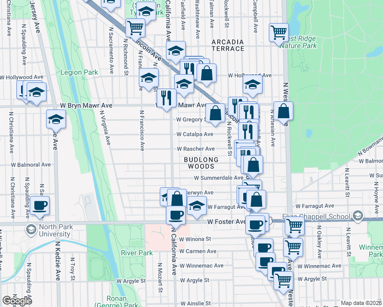 map of restaurants, bars, coffee shops, grocery stores, and more near 2720 West Rascher Avenue in Chicago
