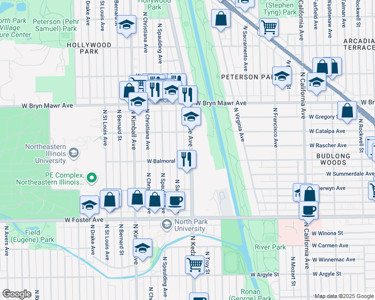 map of restaurants, bars, coffee shops, grocery stores, and more near 5437 North Sawyer Avenue in Chicago