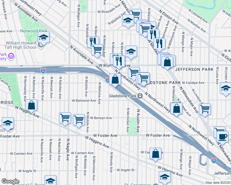 map of restaurants, bars, coffee shops, grocery stores, and more near 6325 North Avondale Avenue in Chicago