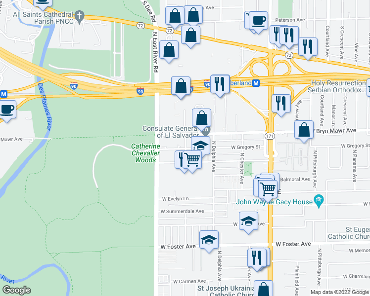 map of restaurants, bars, coffee shops, grocery stores, and more near 8711 West Bryn Mawr Avenue in Chicago