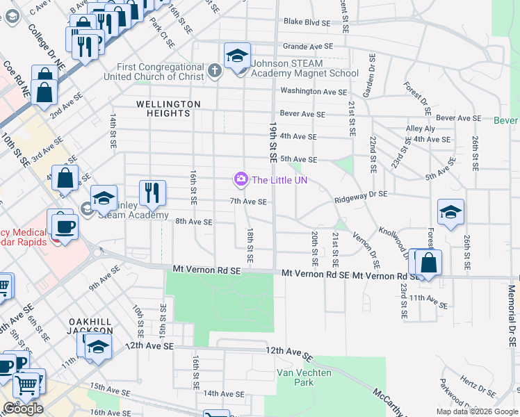 map of restaurants, bars, coffee shops, grocery stores, and more near 1816 7th Avenue Southeast in Cedar Rapids