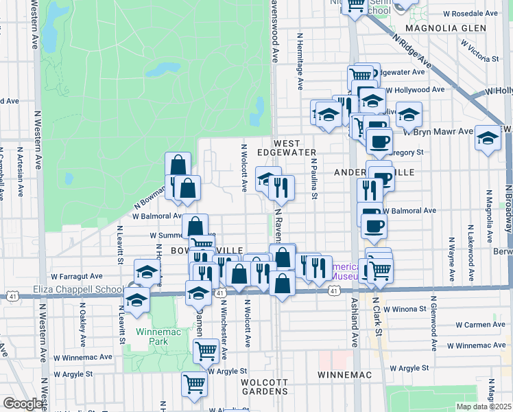 map of restaurants, bars, coffee shops, grocery stores, and more near 5411 North Wolcott Avenue in Chicago