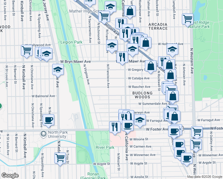 map of restaurants, bars, coffee shops, grocery stores, and more near 2834 West Rascher Avenue in Chicago