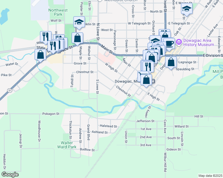 map of restaurants, bars, coffee shops, grocery stores, and more near 404 Michigan Avenue in Dowagiac