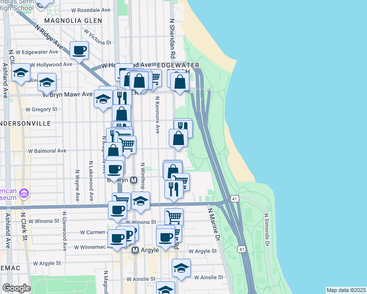 map of restaurants, bars, coffee shops, grocery stores, and more near 5419 North Sheridan Road in Chicago