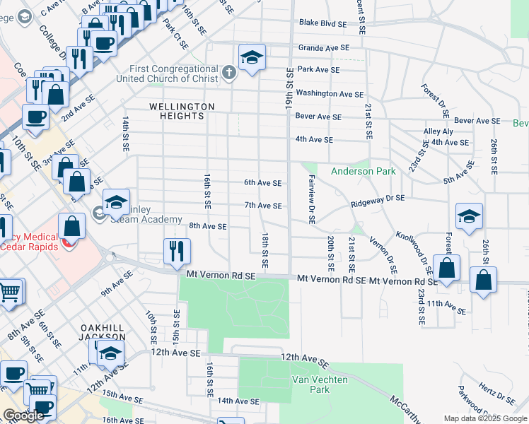 map of restaurants, bars, coffee shops, grocery stores, and more near 1805 7th Avenue Southeast in Cedar Rapids