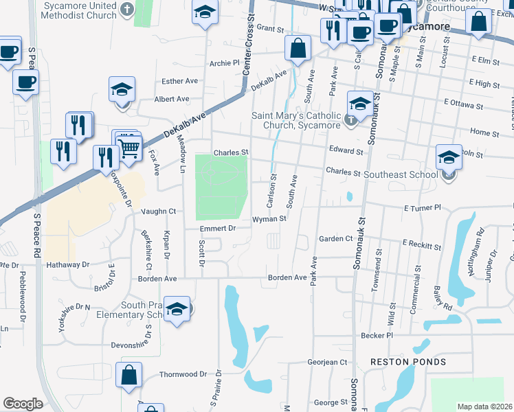 map of restaurants, bars, coffee shops, grocery stores, and more near 1038 South Cross Street in Sycamore