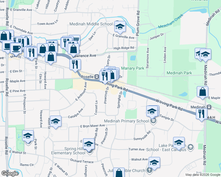 map of restaurants, bars, coffee shops, grocery stores, and more near 205 Pinecroft Drive in Roselle