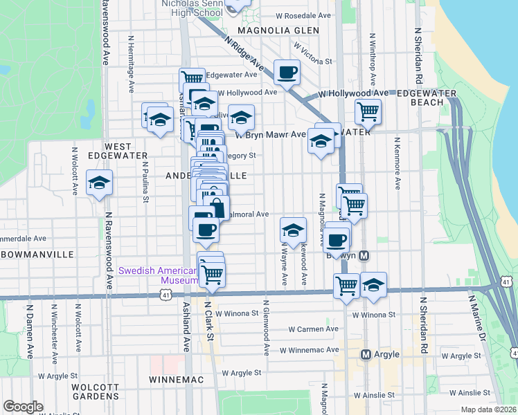 map of restaurants, bars, coffee shops, grocery stores, and more near 5419 North Glenwood Avenue in Chicago