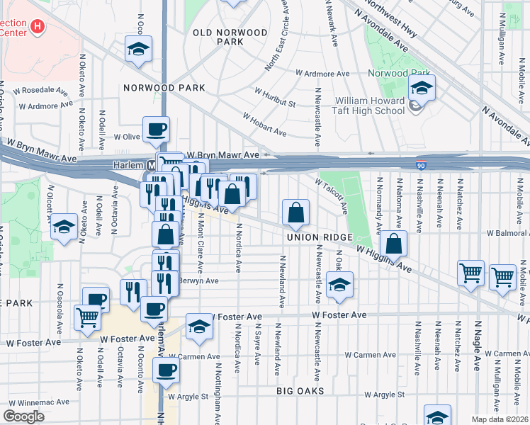 map of restaurants, bars, coffee shops, grocery stores, and more near 5463 North Sayre Avenue in Chicago