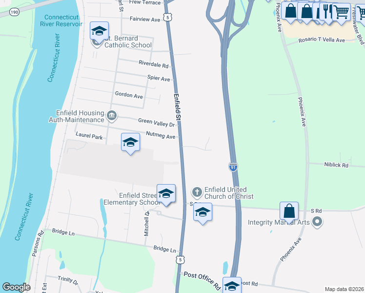 map of restaurants, bars, coffee shops, grocery stores, and more near 1242 Enfield Street in Enfield