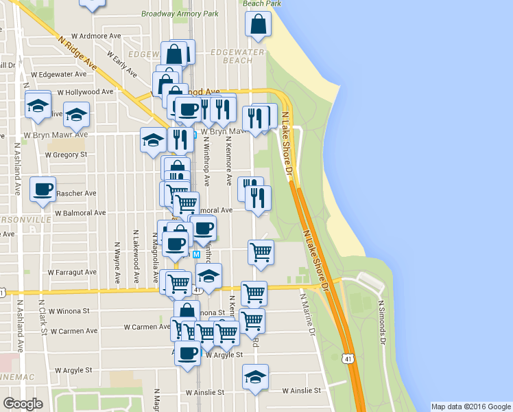 map of restaurants, bars, coffee shops, grocery stores, and more near 5420 North Sheridan Road in Chicago