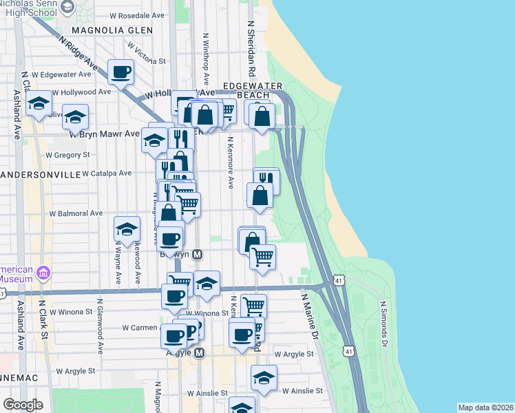 map of restaurants, bars, coffee shops, grocery stores, and more near 5420 North Sheridan Road in Chicago