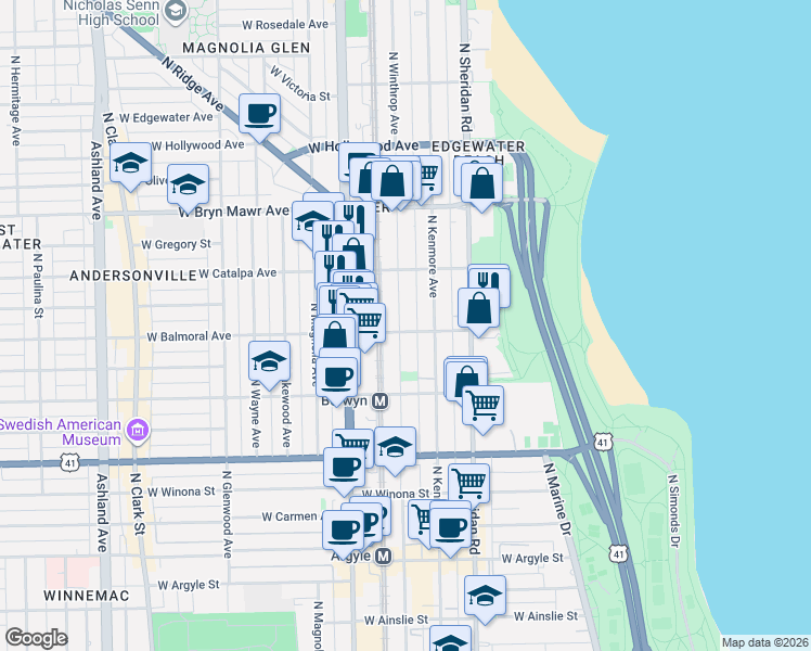 map of restaurants, bars, coffee shops, grocery stores, and more near 5414 North Kenmore Avenue in Chicago