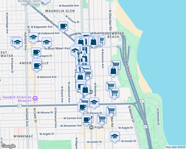 map of restaurants, bars, coffee shops, grocery stores, and more near 5416 North Winthrop Avenue in Chicago