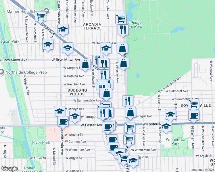 map of restaurants, bars, coffee shops, grocery stores, and more near 5433 North Campbell Avenue in Chicago