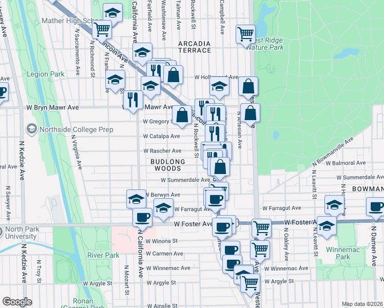 map of restaurants, bars, coffee shops, grocery stores, and more near 2600 West Rascher Avenue in Chicago