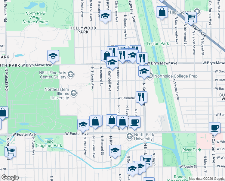 map of restaurants, bars, coffee shops, grocery stores, and more near 5436 North Kimball Avenue in Chicago